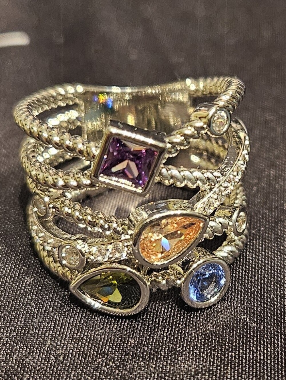 Multi-Stone Silver Stackable Ring with Purple, Orange, Green and Blue Gemstones